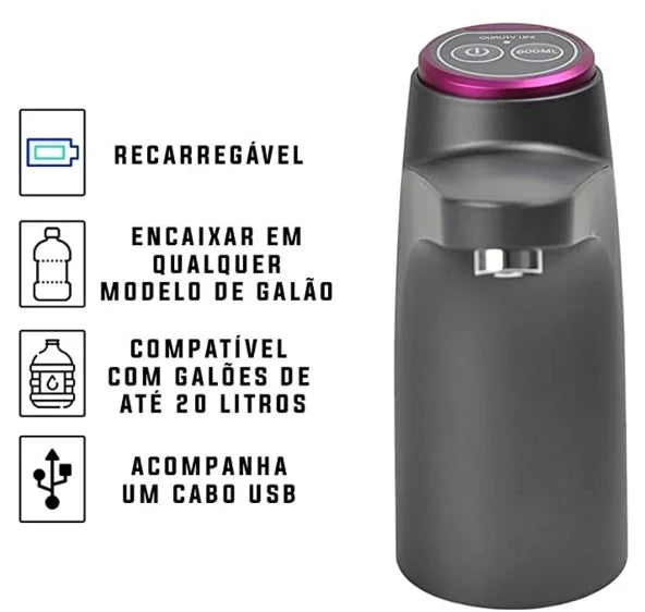 Bomba Elétrica Garrafão Galão Água 20 Litros Dispensador Recarregável USB Premium