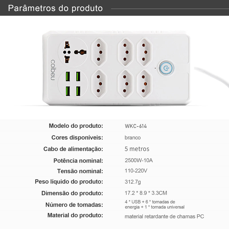 Extensão Tomada, Régua Tomada, Régua de Energia, 5 Tomadas, 4 Interfaces USB, 1 Porta USB Tipo-C, Cabo de Alimentação de 5 metros, Suporte a Tensão de 110-220V, Potência de 2500W, Preto