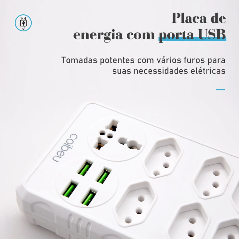 Extensão Tomada, Régua Tomada, Régua de Energia, 5 Tomadas, 4 Interfaces USB, 1 Porta USB Tipo-C, Cabo de Alimentação de 5 metros, Suporte a Tensão de 110-220V, Potência de 2500W, Preto