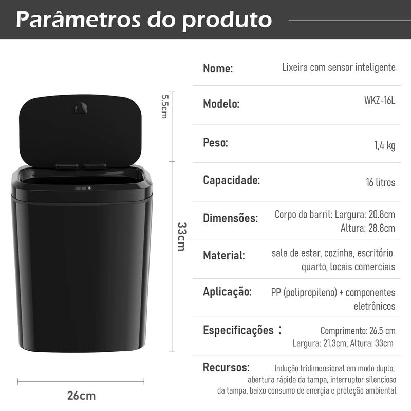 Lixeira Automatica com Sensor, Lixeira Inteligente com Sensor Infravermelho, Lixeira sem Contato para Sala de Estar, Cozinha, Banheiro, Escritório, Quarto, Locais Comerciais, 12L, Preto